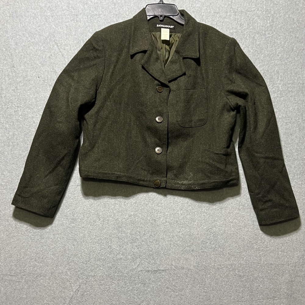 Vintage Womens Green Wool Blend Blazer Jacket Button Front Cropped 14P old money